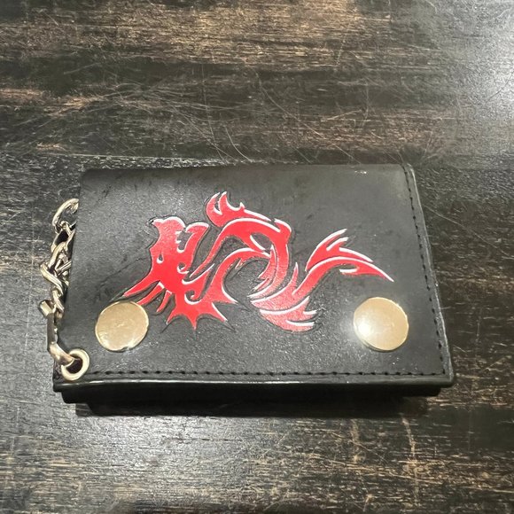 Accessories Leather Biker Wallet With Chain Trifold Red Color Dragon